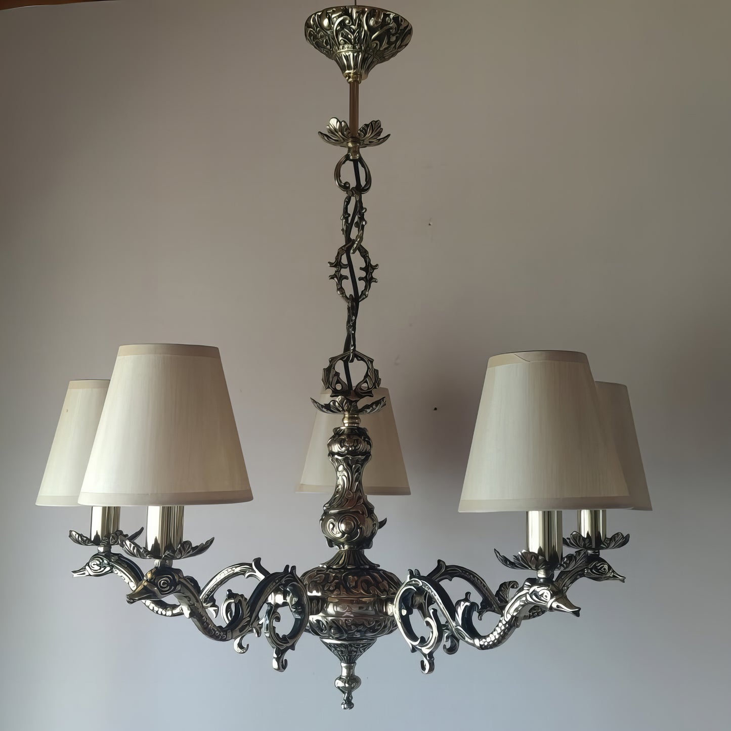 Старинен бароков полилей | 5 рамена | С/Без текстилни абажури | Месинг | ПO 16 |