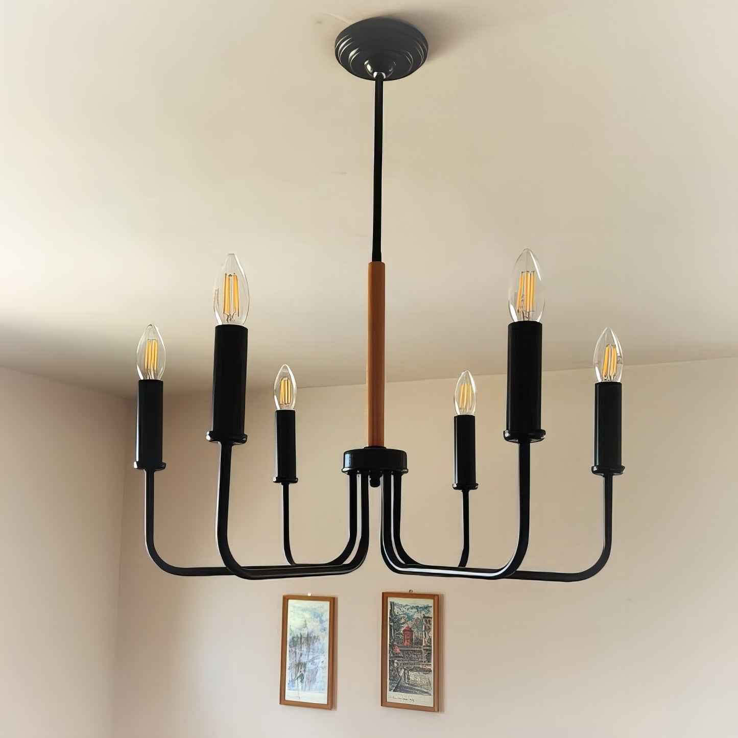 Модерен Класически Висящ Полилей | метален с дървен детайл | 6 рамена | Ч ПO 29 |