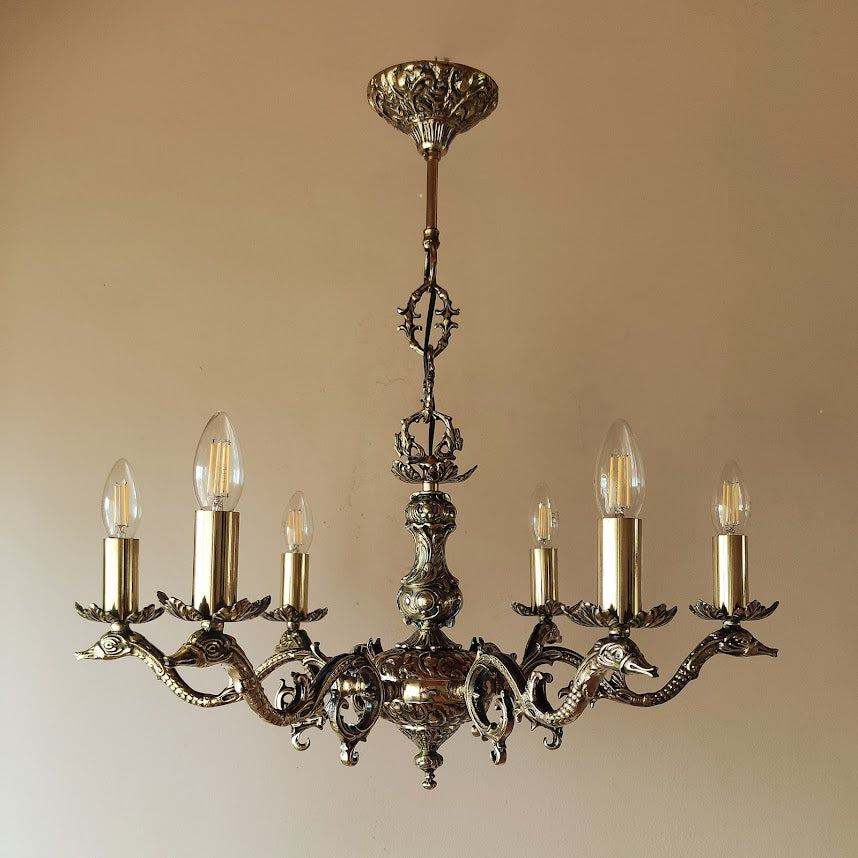 Старинен луксозен бароков полилей | лят месинг | 6 рамена | тип свещ | БЕЗ/С Абажур | ПO 47м |