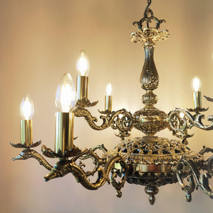 Луксозен старинен месингов полилей на две нива | тип свещ | 12 рамена | стил класически барок | ПO 10 |
