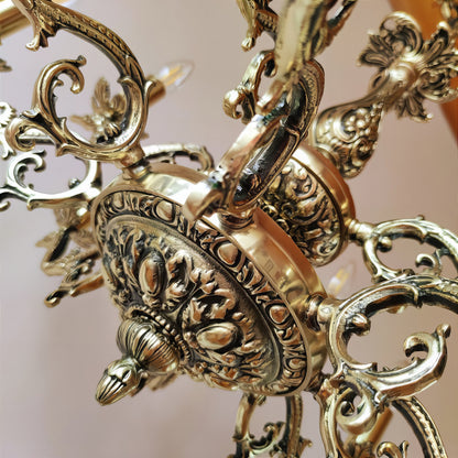 Луксозен старинен месингов полилей на две нива | тип свещ | 12 рамена | стил класически барок | ПO 10 |