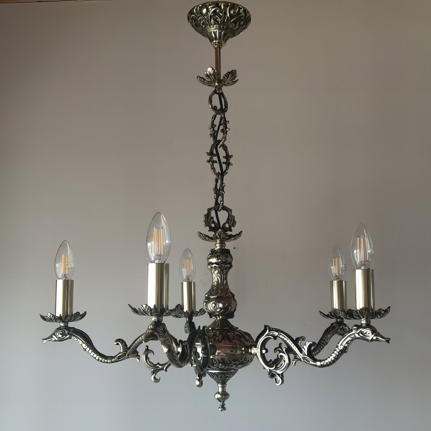 Старинен бароков полилей | 5 рамена | С/Без текстилни абажури | Месинг | ПO 16 |
