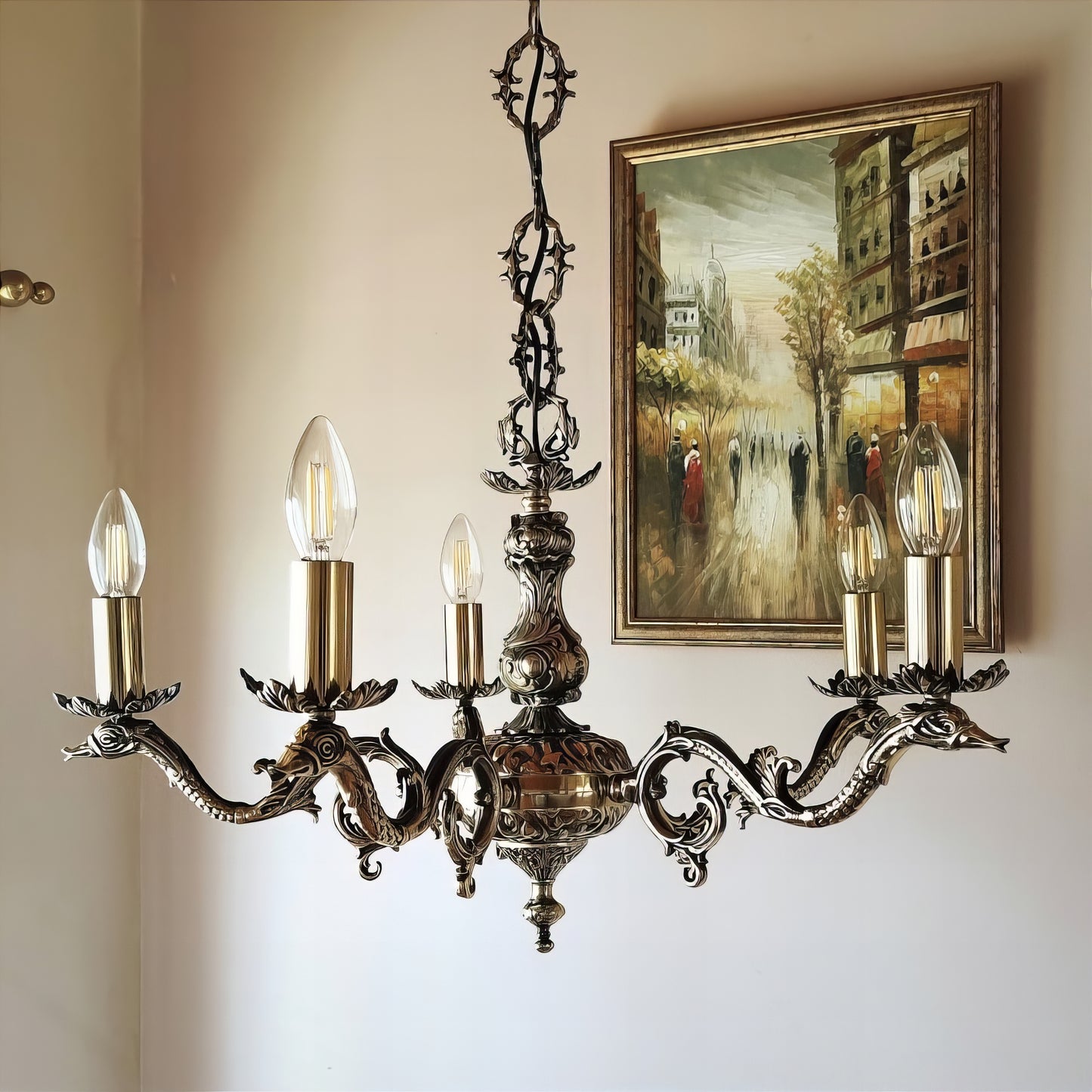 Старинен луксозен бароков полилей | лят месинг с 5 рамена | тип свещ | БЕЗ/С Абажур | ПO 15 |